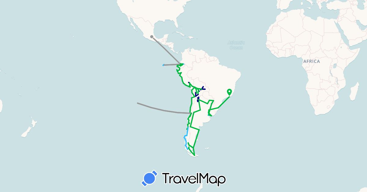 TravelMap itinerary: driving, bus, plane, hiking, boat in Argentina, Bolivia, Brazil, Chile, Ecuador, Mexico, Peru, Paraguay, Uruguay (North America, South America)