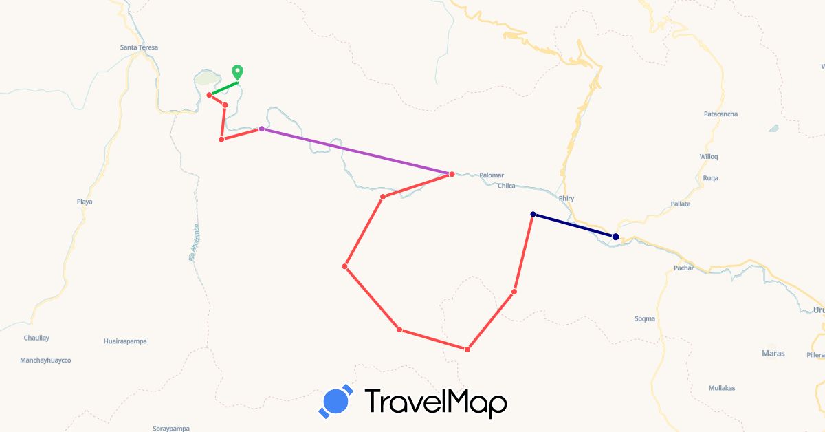 TravelMap itinerary: driving, bus, train, hiking in Peru (South America)