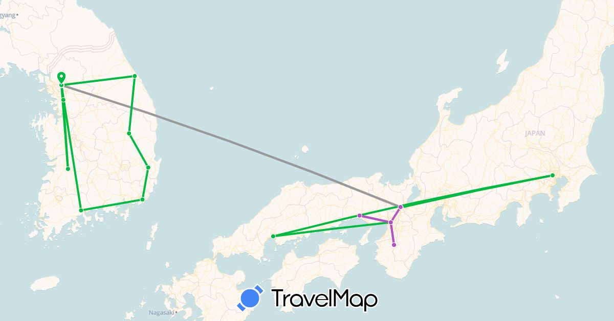 TravelMap itinerary: driving, bus, plane, train in Japan, South Korea (Asia)